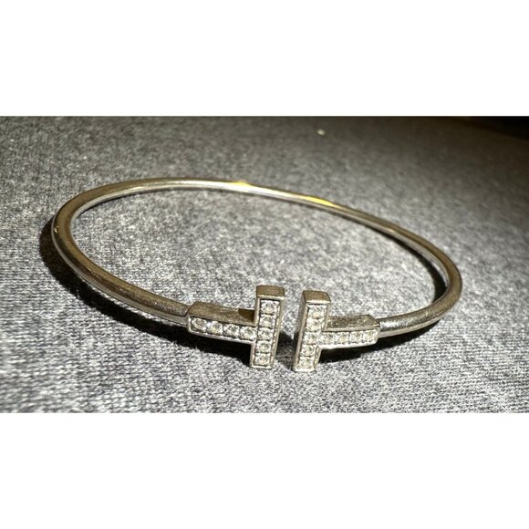 Tiffany & Co. 18K Gold Diamond T Bangle Bracelet Made In Italy - Picture 1 of 6